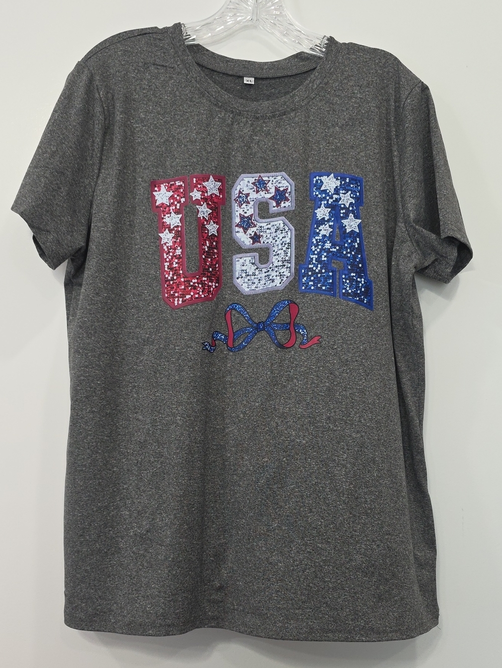 Women's XL Heather Gray NWOT Bold USA Graphic Tee Short Sleeve Stars Bow T17